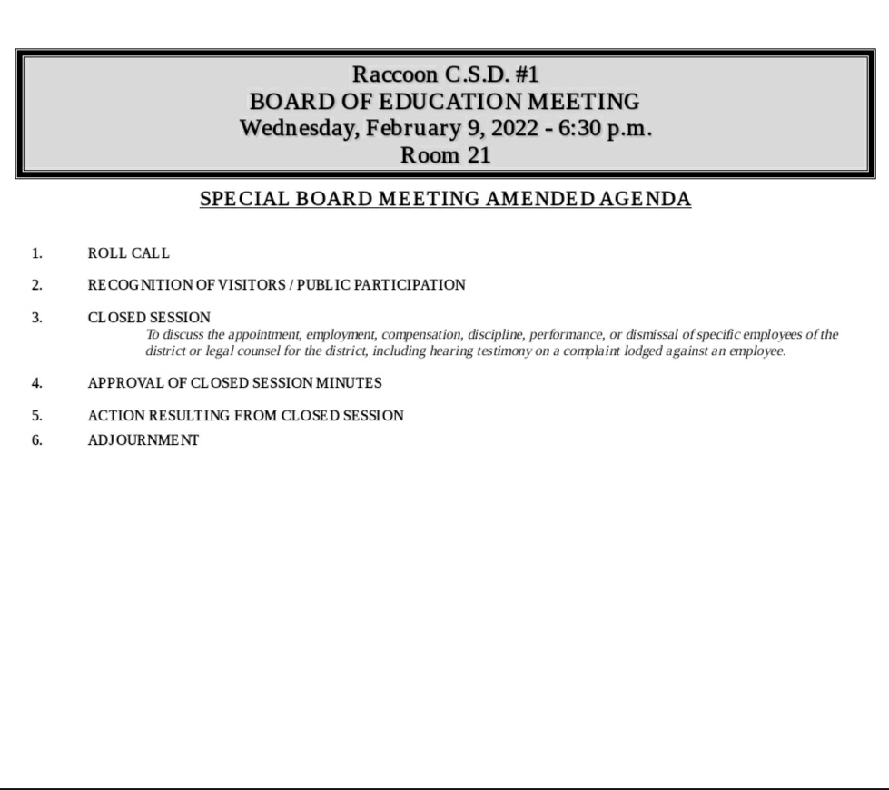 Revised special board meeting Room 21