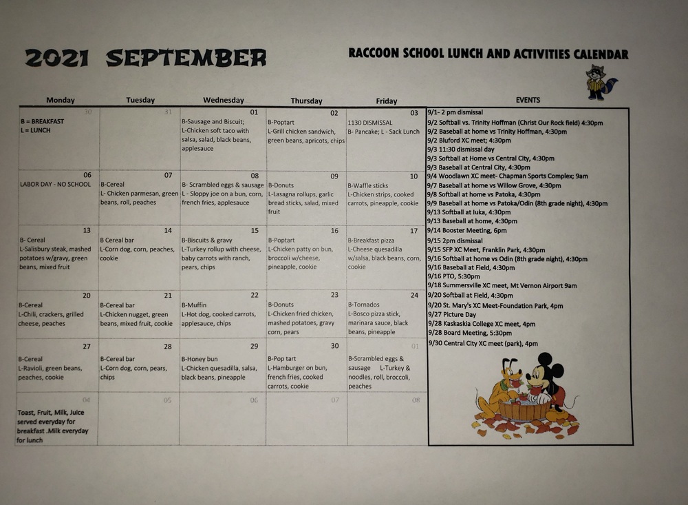 Lunch Calendar - Sept 2021